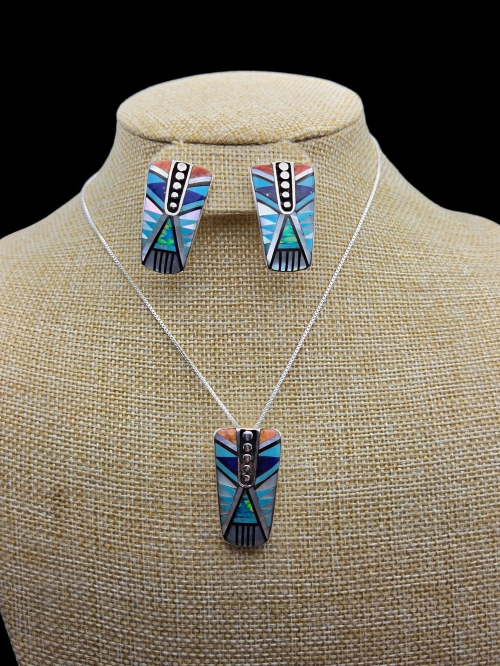 Sterling Silver Multicolor Inlay Pendant & Earrings Set